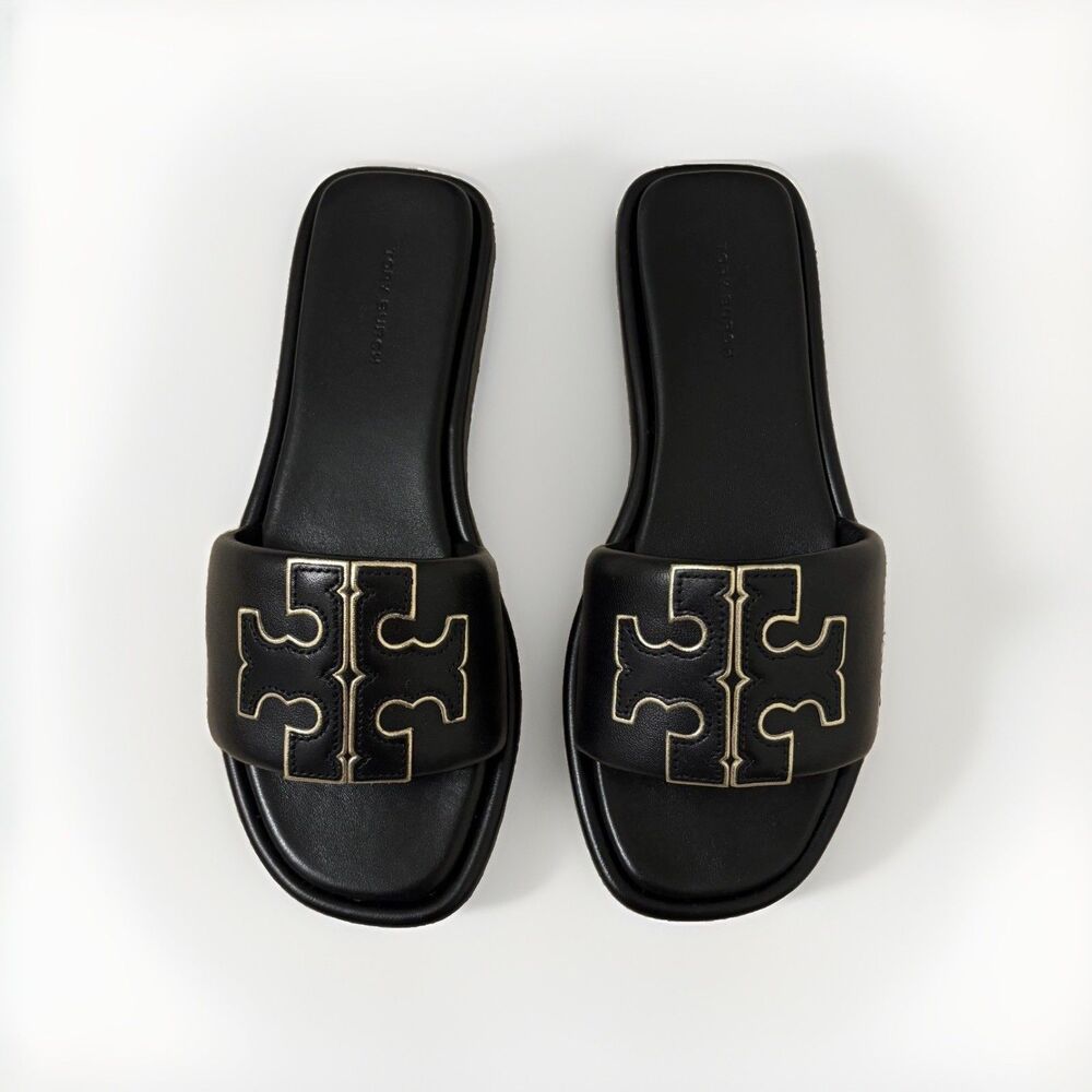 Tory Burch Double T Slide Sandal Black gold Leather Size 7 Excellent Condition